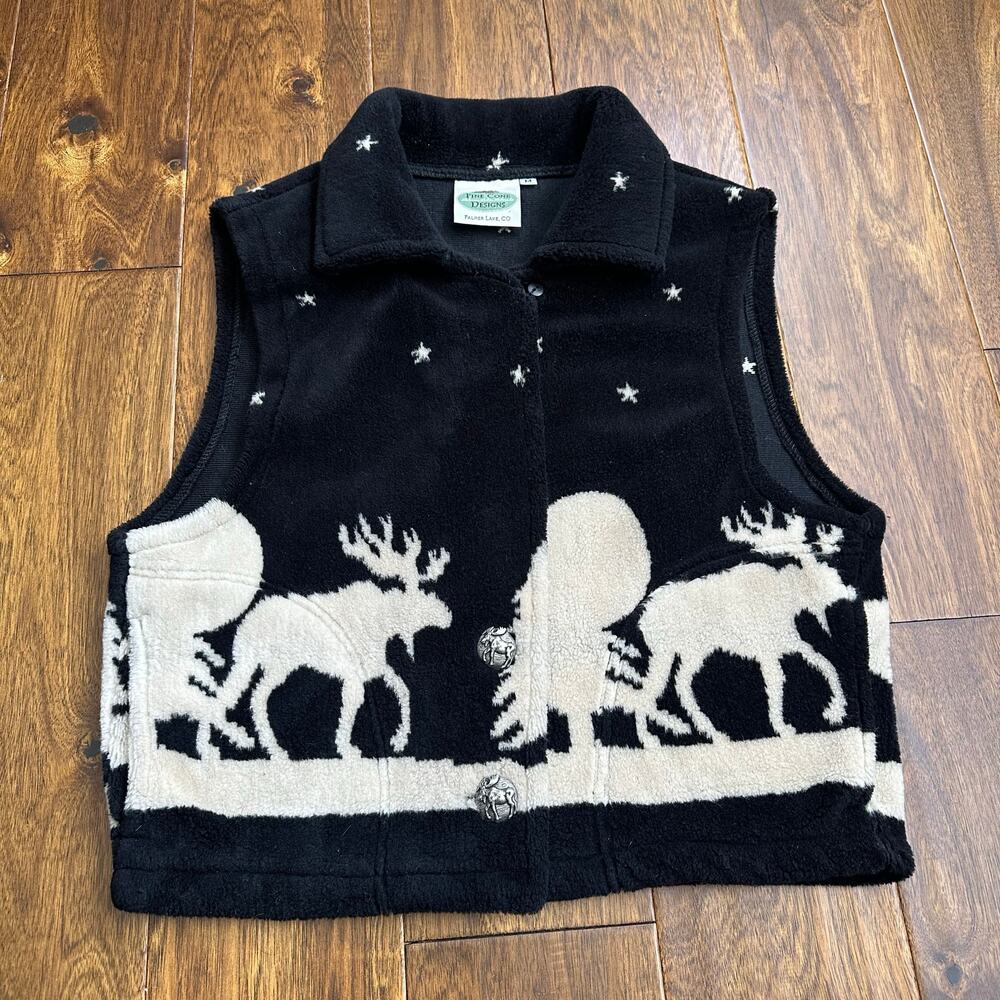 VTG Pine Cone Designs plush sherpa fleece vest moose winter black cream medium